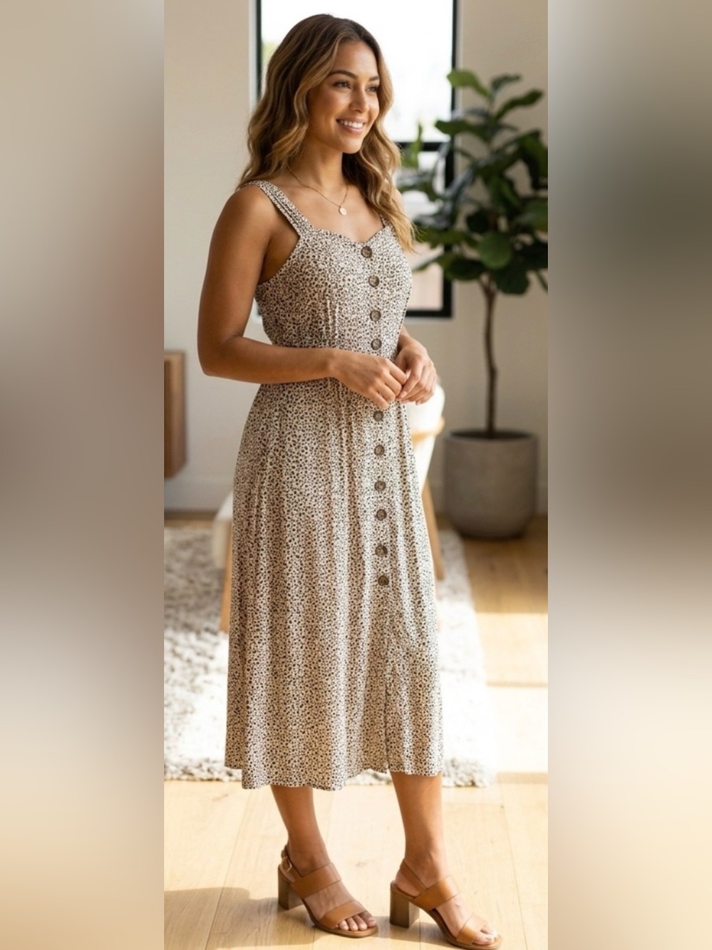 Japna Flowy Lightweight Sleeveless Button-Front Midi Dress in Beige Leopard